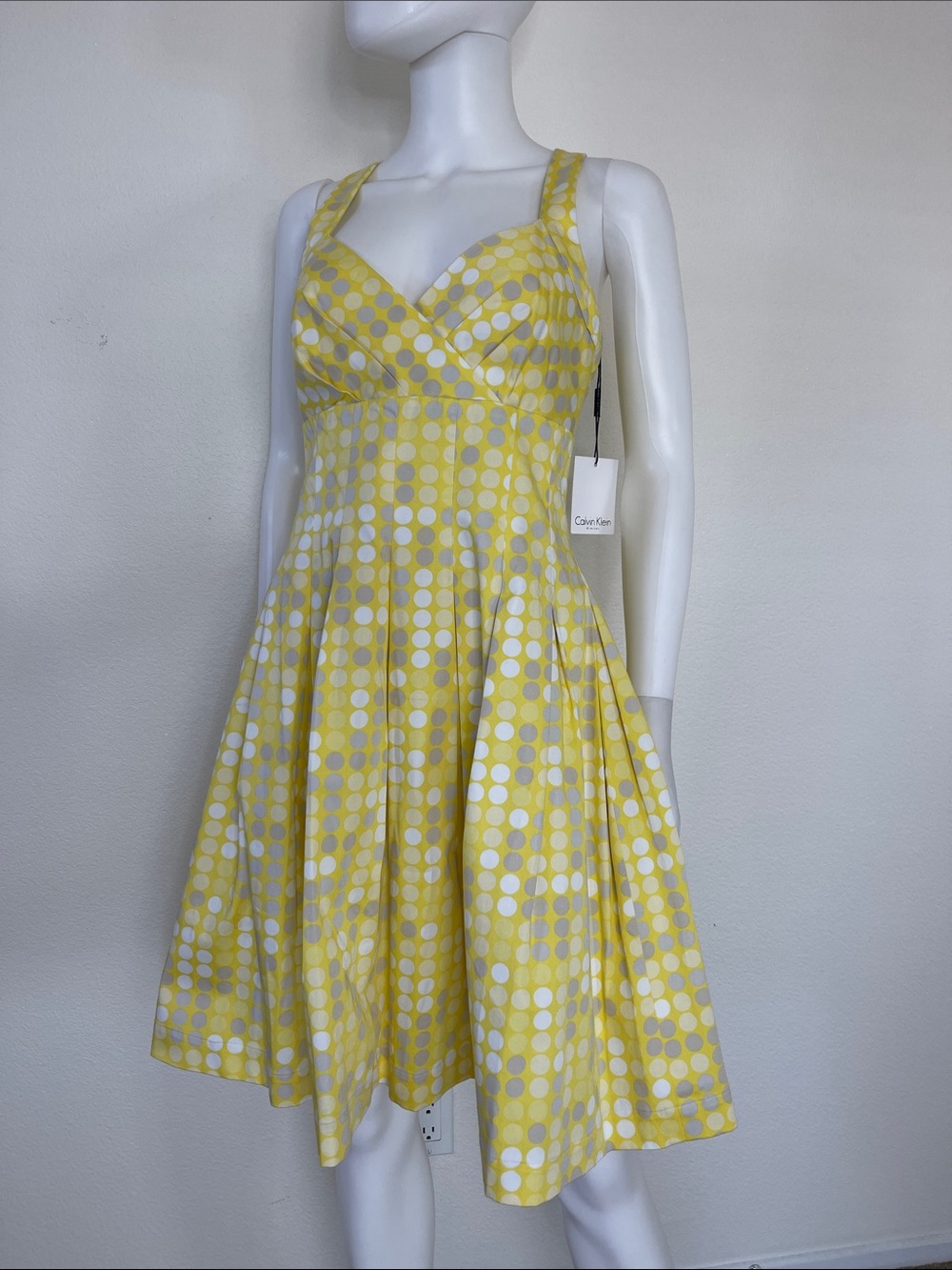 Calvin Klein Yellow & White Polka Dot Midi Dress
